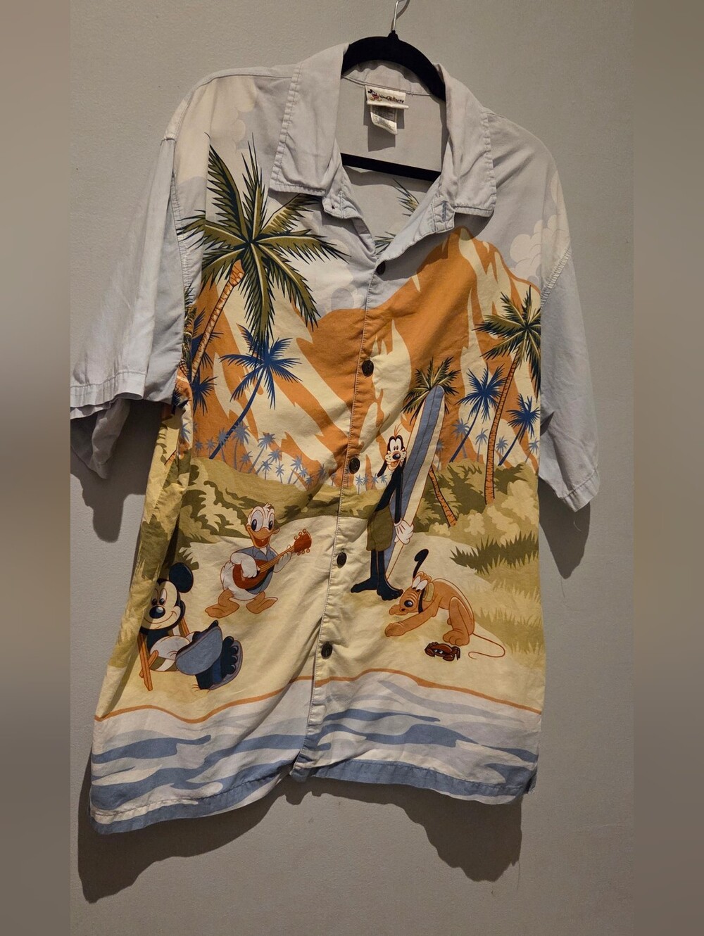 VINTAGE Disney Tropical Vacation Button-Down Shirt Light Blue, Tan, Cream GUC L
